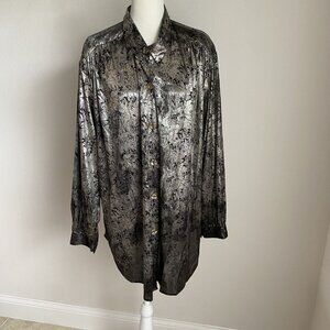 VTG Joanna Plus Womens 20W Silver Black Sheer Burnout Button Front Blouse
